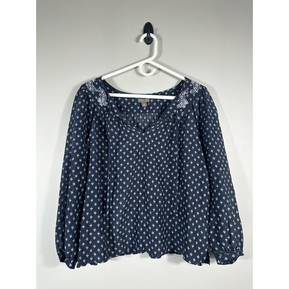 J Crew Point Sur Top Womens Medium Blue Peasant Boho Preppy Cotton Silk